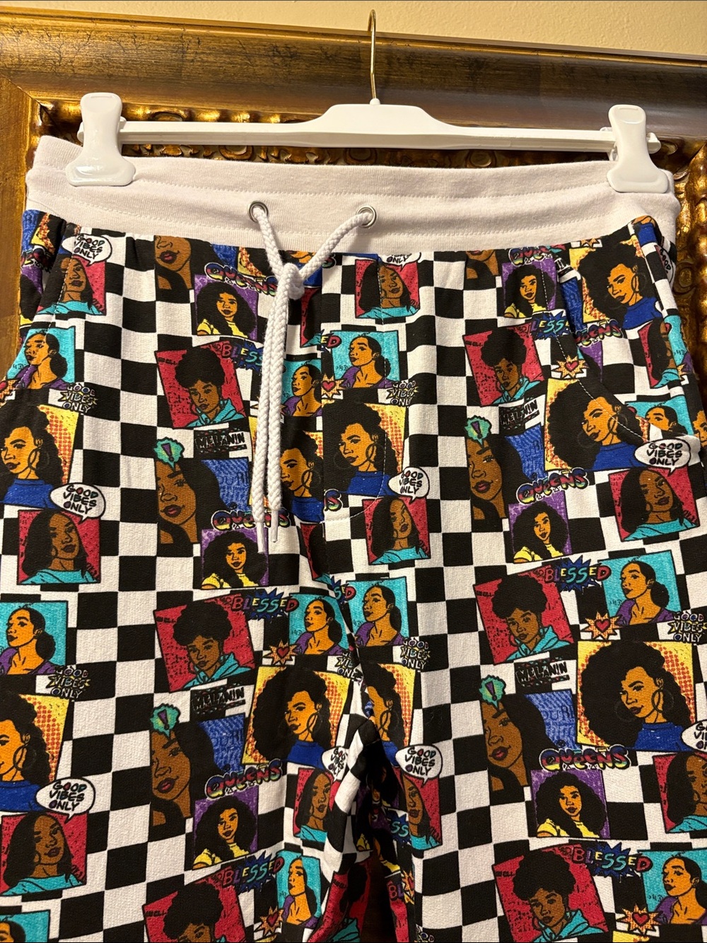 On Fire pop art graphic queens Checkered Jogger Pants White Waistband & hem